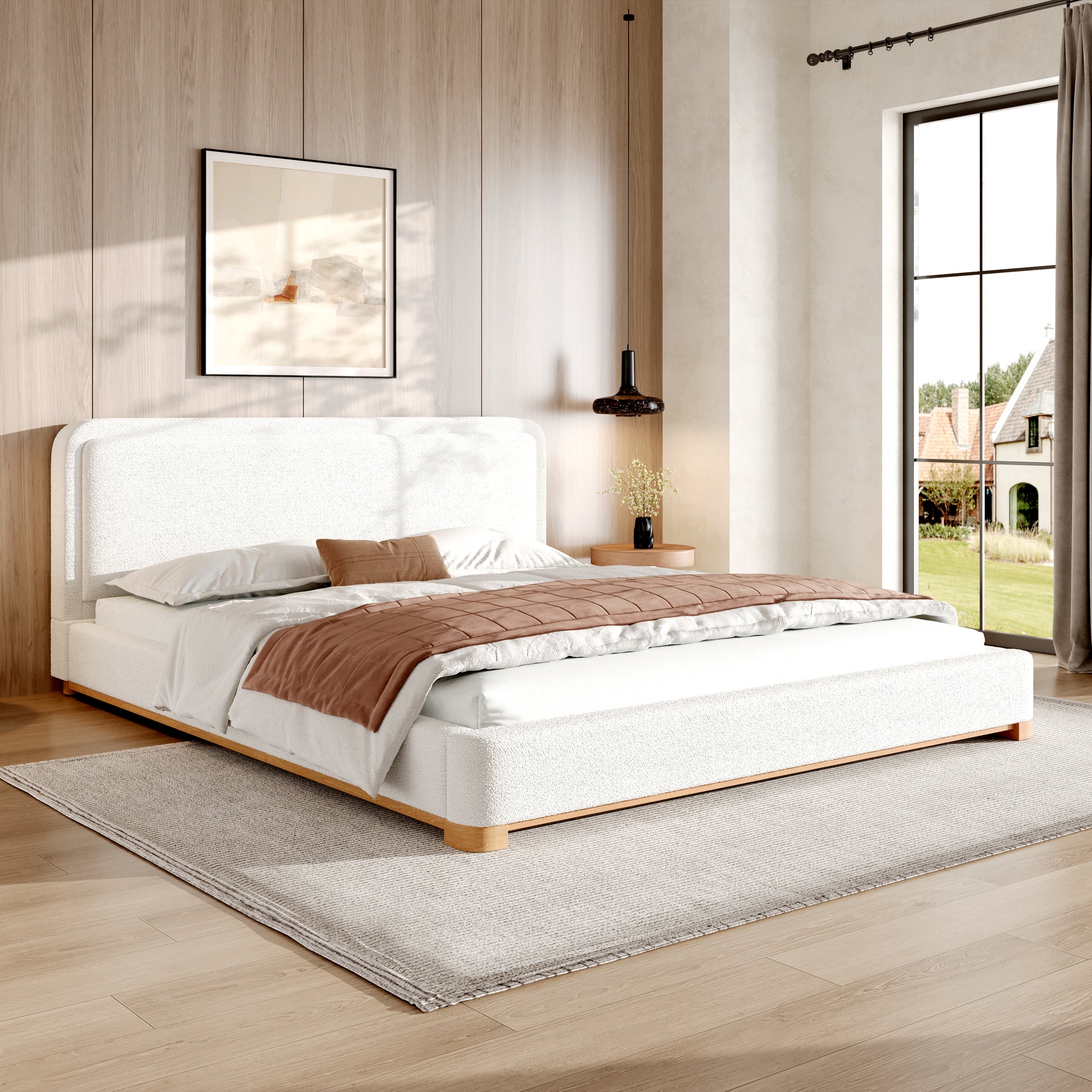 King Size Bed Frame With Boucle Upholstered Curved Headboard, Solid Wood Base And Legs, White