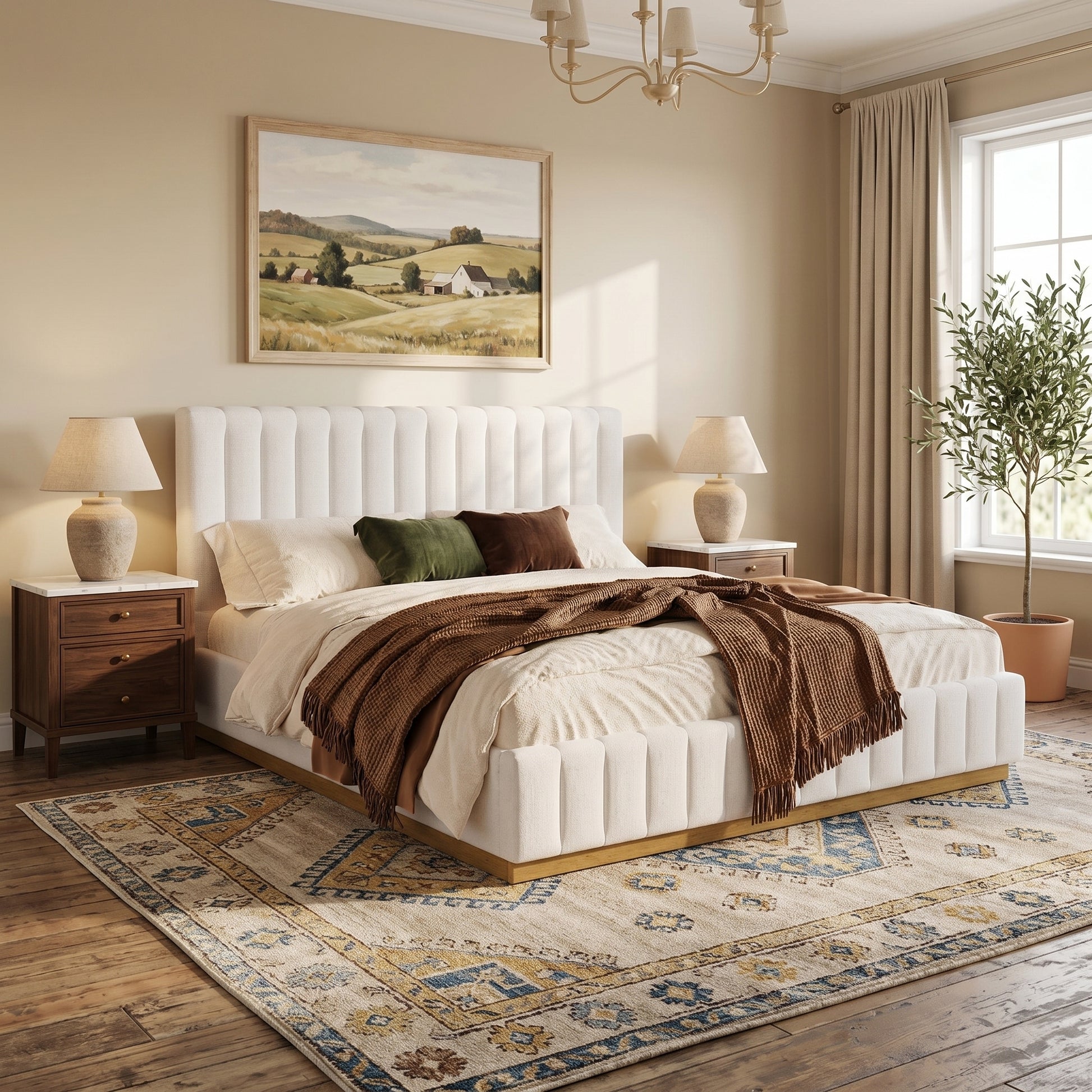 King Size Bed Frame With Linen Upholstered Thick Headboard, Solid Wooden Base, Beige