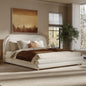 King Size Bed Frame With Boucle Upholstered Thick Curved Headboard, Solid Wood Legs, White