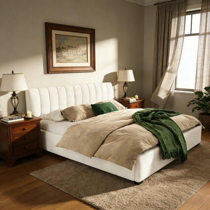 King Size Upholstered Bed Frame With Linen Fabric, Thick Headboard And Solid Wood Legs, Beige