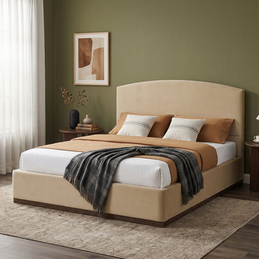 Queen Size Upholstered Bed Frame With Velvet Fabric Thick Headboard, Solid Wood Base, Camel