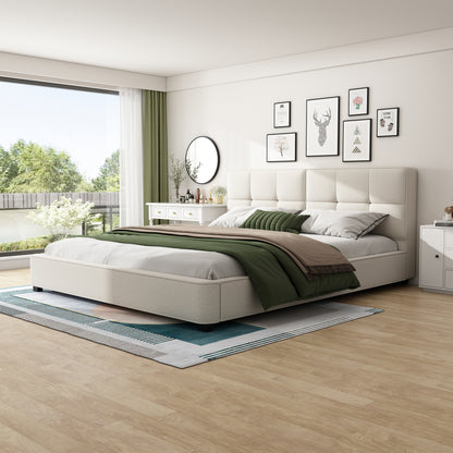 King Size Boucle Bed Frames, Upholstered Platform Bed with Curved Tufted Headboard, Soft Square Corners, Beige