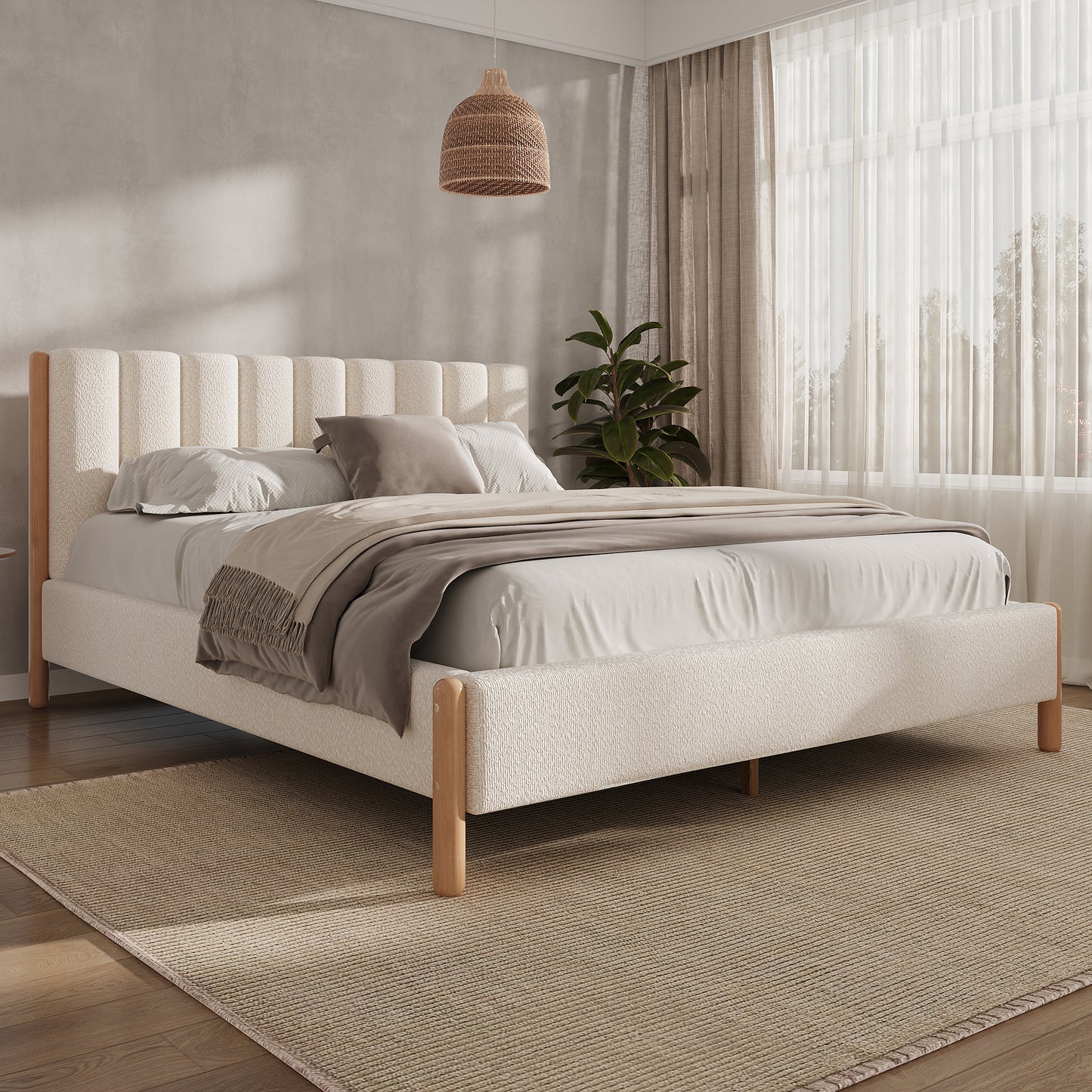 Queen Size Boucle Upholstered Bed Frame - White for Bedroom