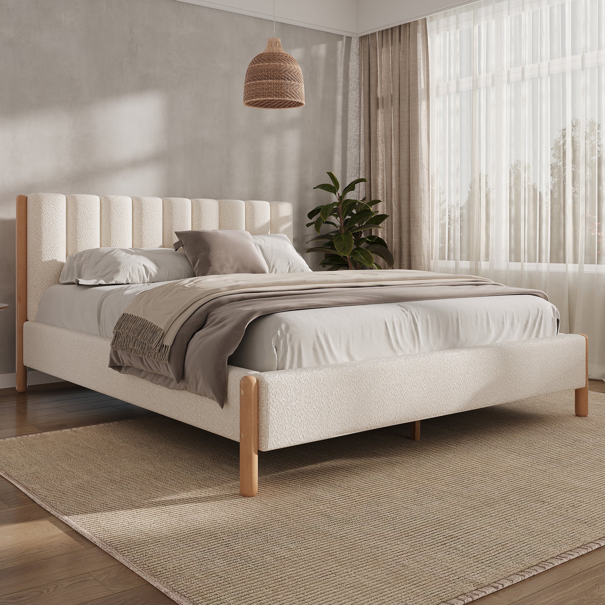 Queen Size Boucle Upholstered Bed Frame - White for Bedroom