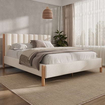 Queen Size Boucle Upholstered Bed Frame - White for Bedroom