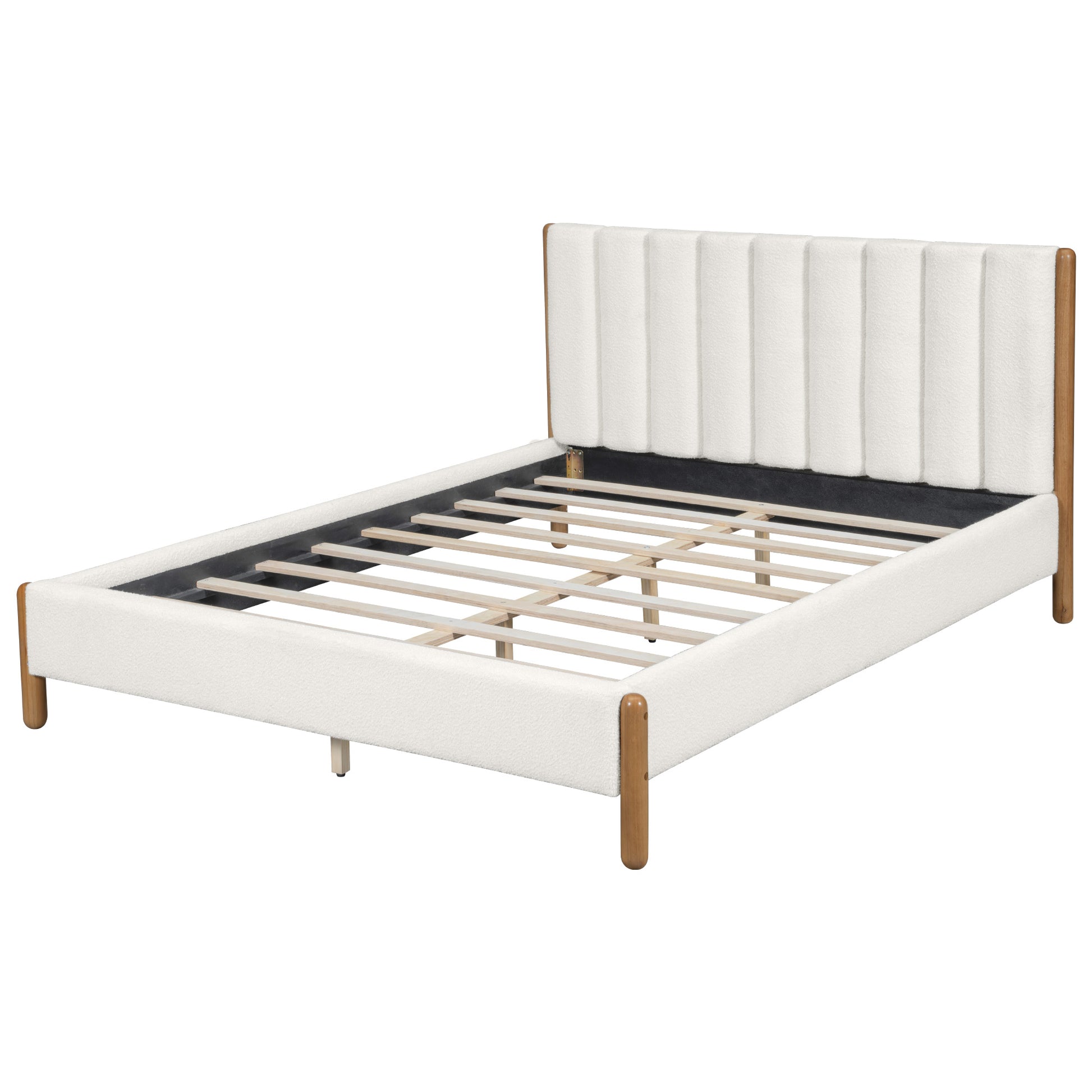 Queen Size Boucle Upholstered Bed Frame - White for Bedroom