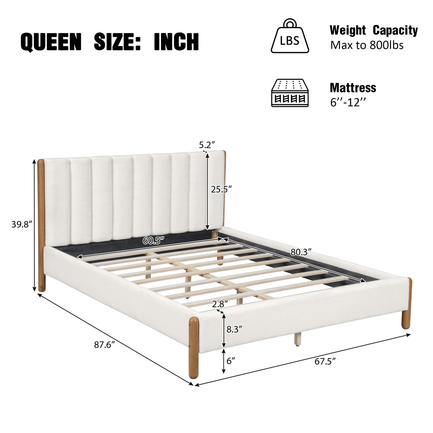 Queen Size Boucle Upholstered Bed Frame - White for Bedroom