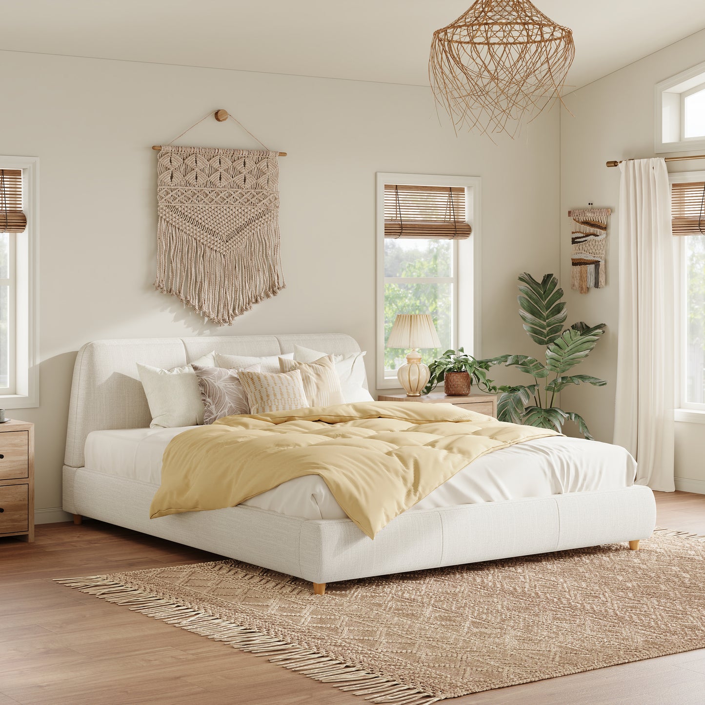 Queen Upholstered Bed Frame Linen White Solid Wood Legs
