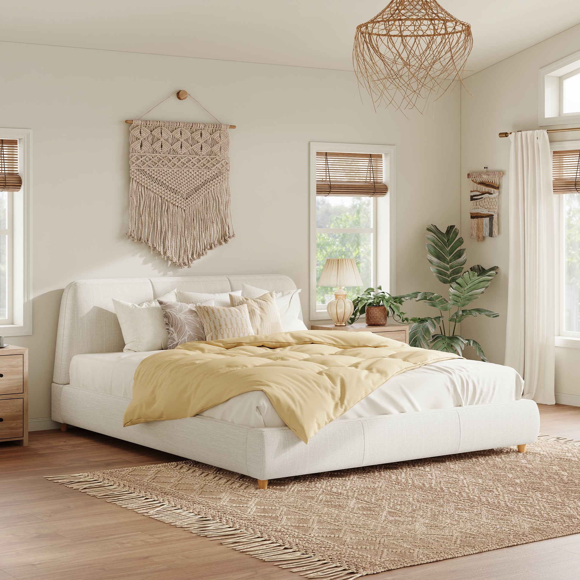 Queen Upholstered Bed Frame Linen White Solid Wood Legs