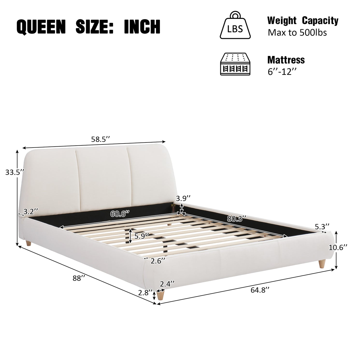 Queen Upholstered Bed Frame Linen White Solid Wood Legs