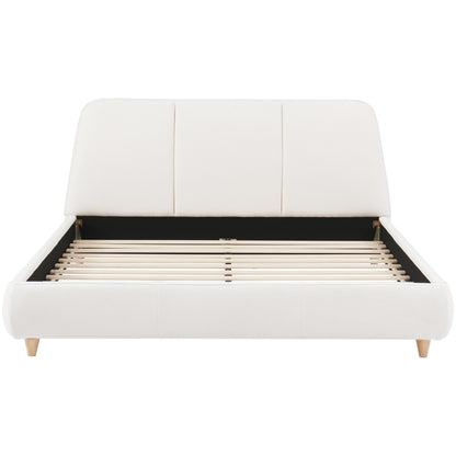 Queen Upholstered Bed Frame Linen White Solid Wood Legs