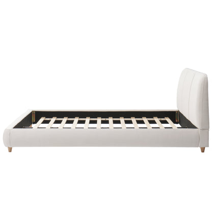 Queen Upholstered Bed Frame Linen White Solid Wood Legs