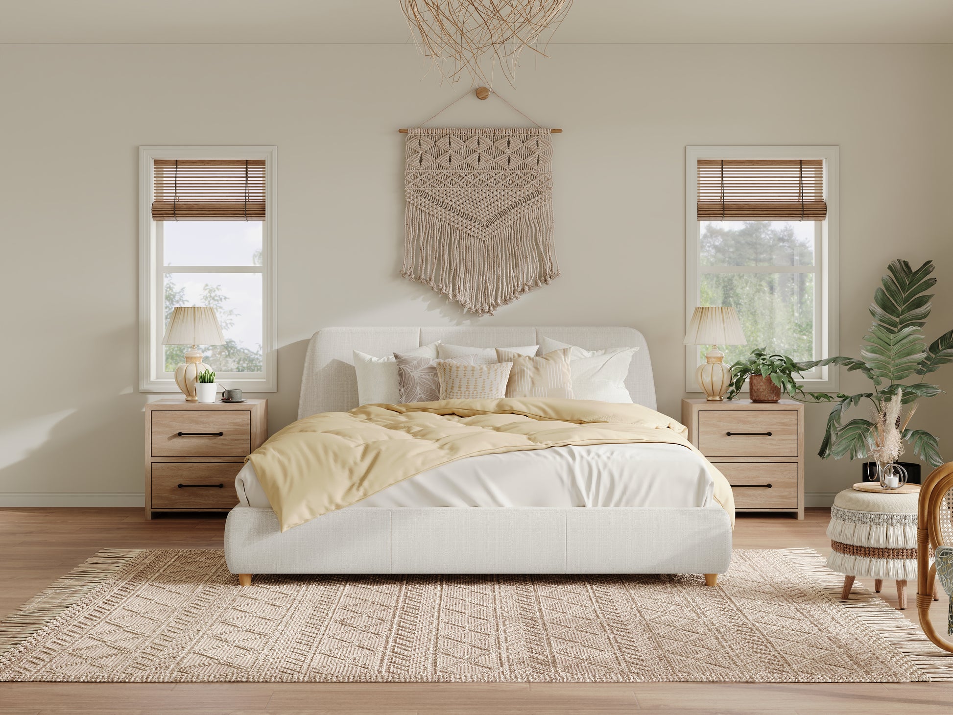 Queen Upholstered Bed Frame Linen White Solid Wood Legs