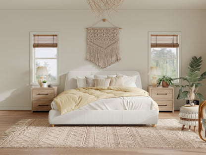 Queen Upholstered Bed Frame Linen White Solid Wood Legs