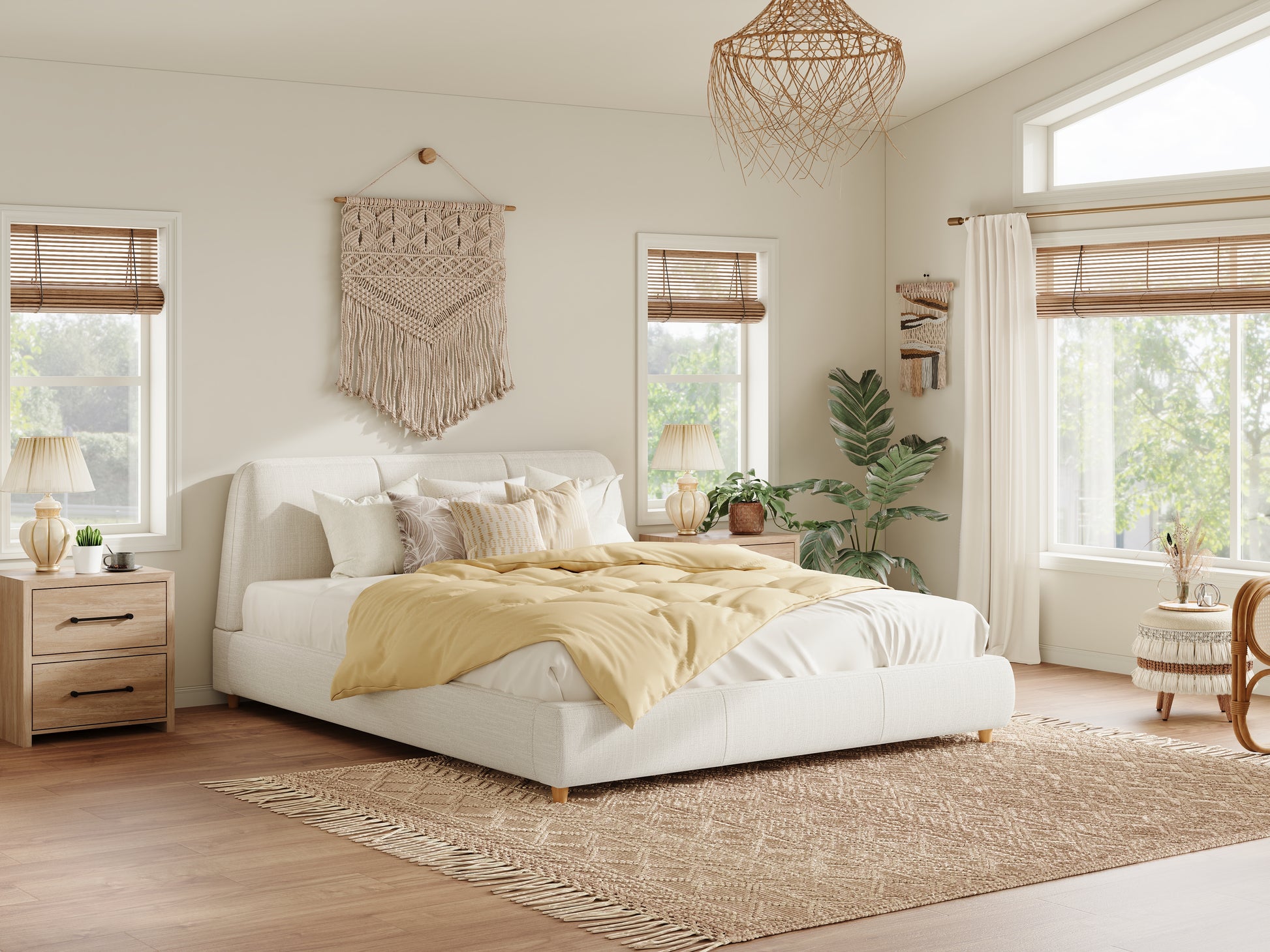 Queen Upholstered Bed Frame Linen White Solid Wood Legs