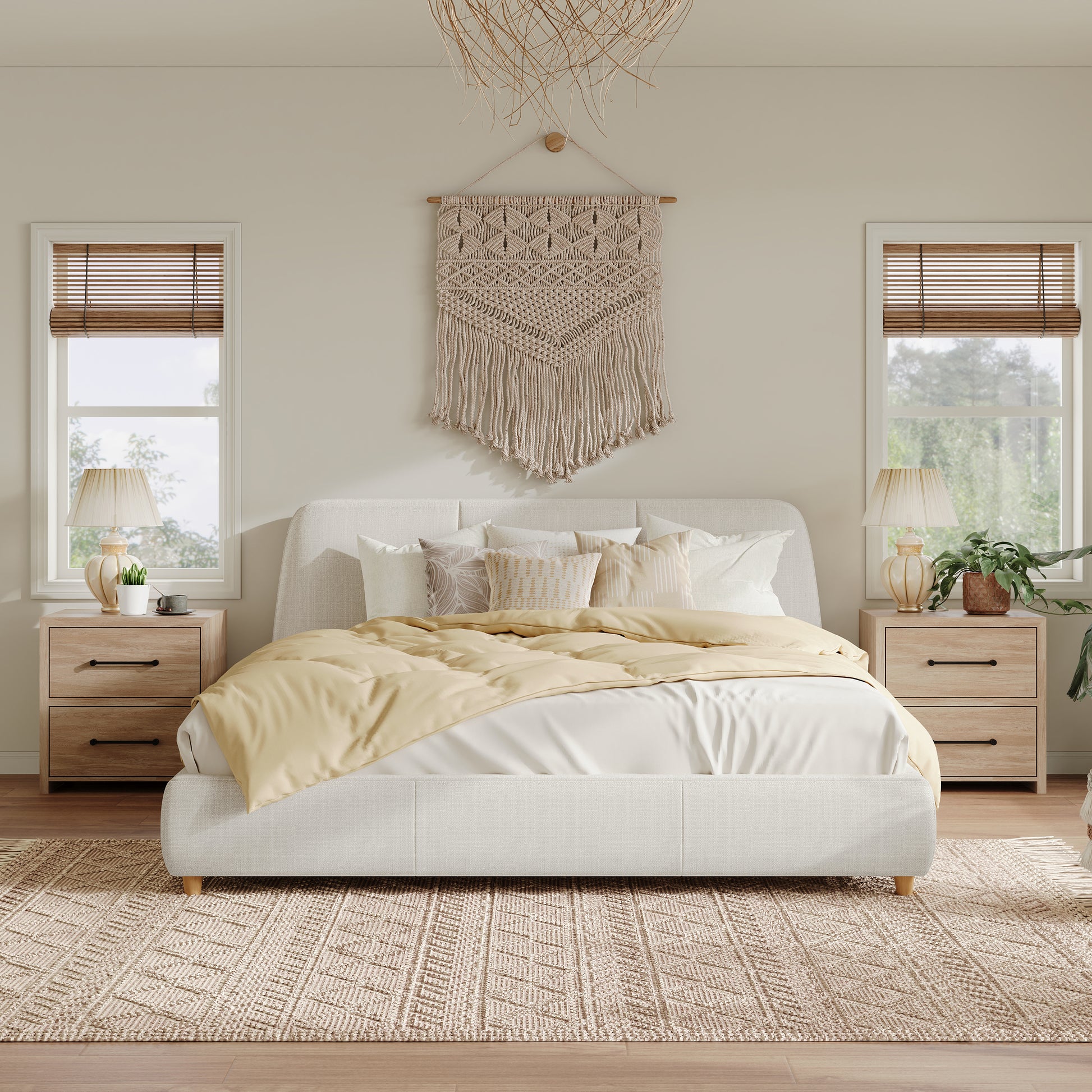 Queen Size Modern Upholstered Bed Frame with Linen Fabric and Solid Wood Legs, White
