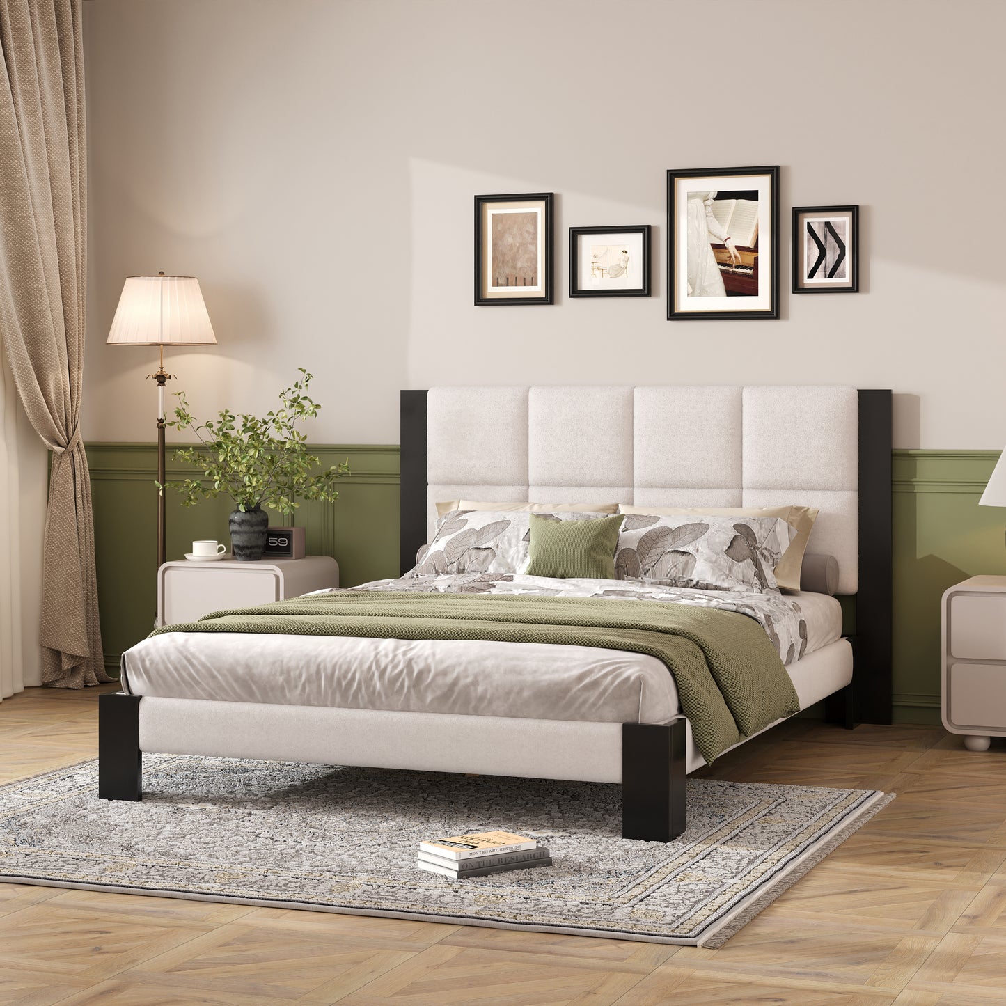 Queen Beige Black Wood Bed Frame - Box Spring Not Needed