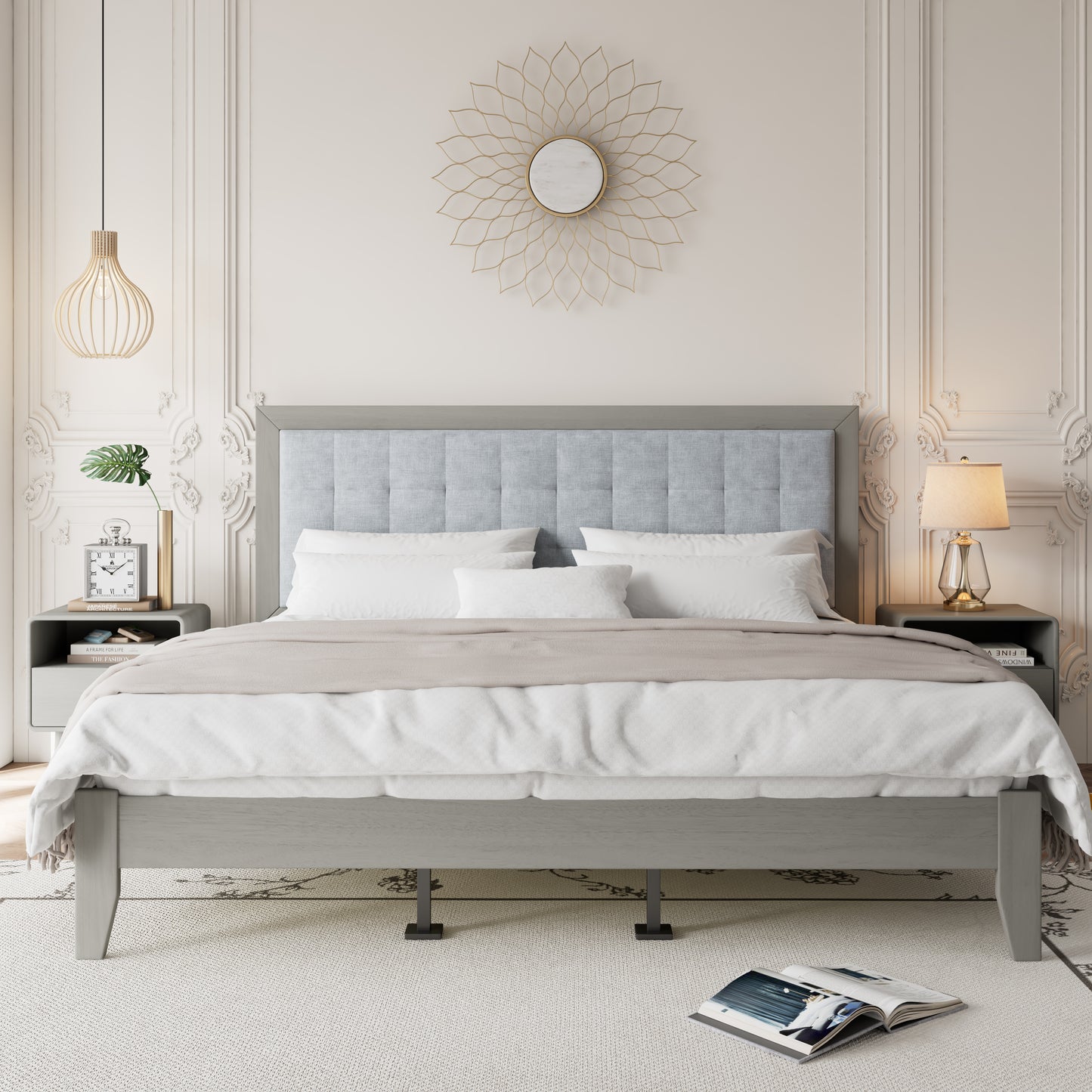 Solid Wood Platform Upholstered Headboard California King Bed