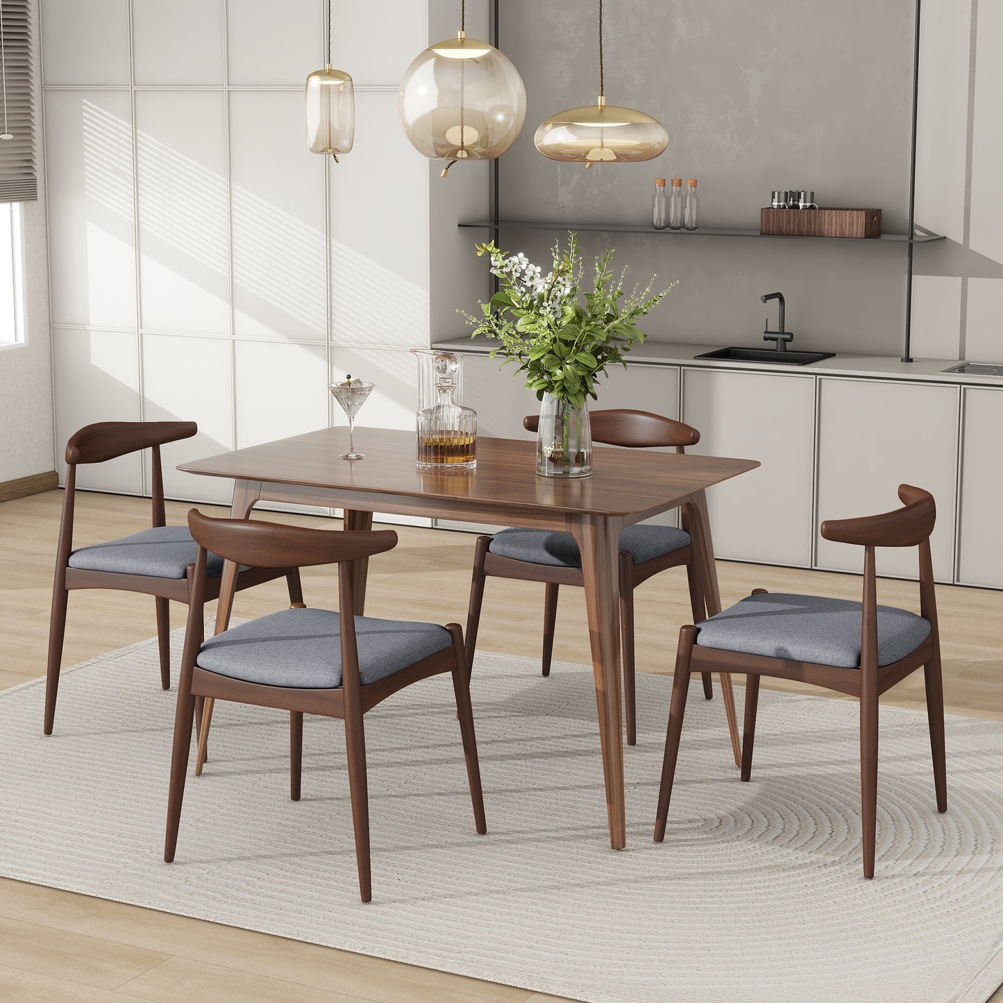 [Video] 5-Piece Dining Set 1 Table 4 Chairs, Rubberwood Frame, Faux Wood Tabletop, Retro - Elegant for Kitchen & Family Dining, Walnut+Light Gray (same sku: N759S002001D)