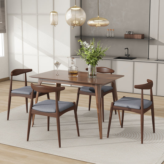 [Video] 5-Piece Dining Set 1 Table 4 Chairs, Rubberwood Frame, Faux Wood Tabletop, Retro - Elegant for Kitchen & Family Dining, Walnut+Light Gray (same sku: N759S002001D)