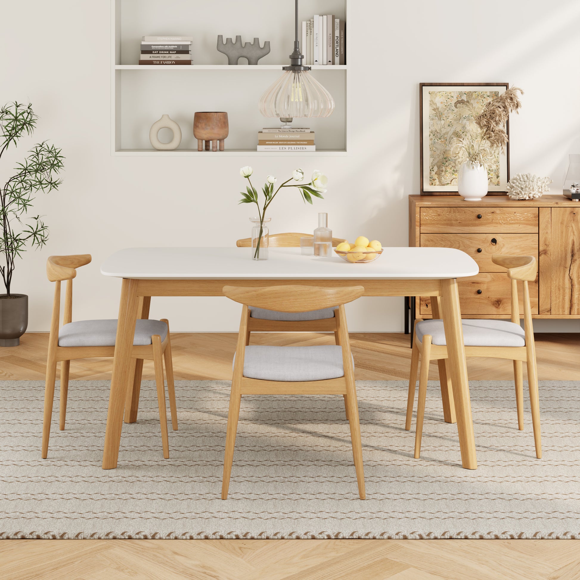 Mid-Century Modern Dining Table Set - 5 Piece with Beige Chairs