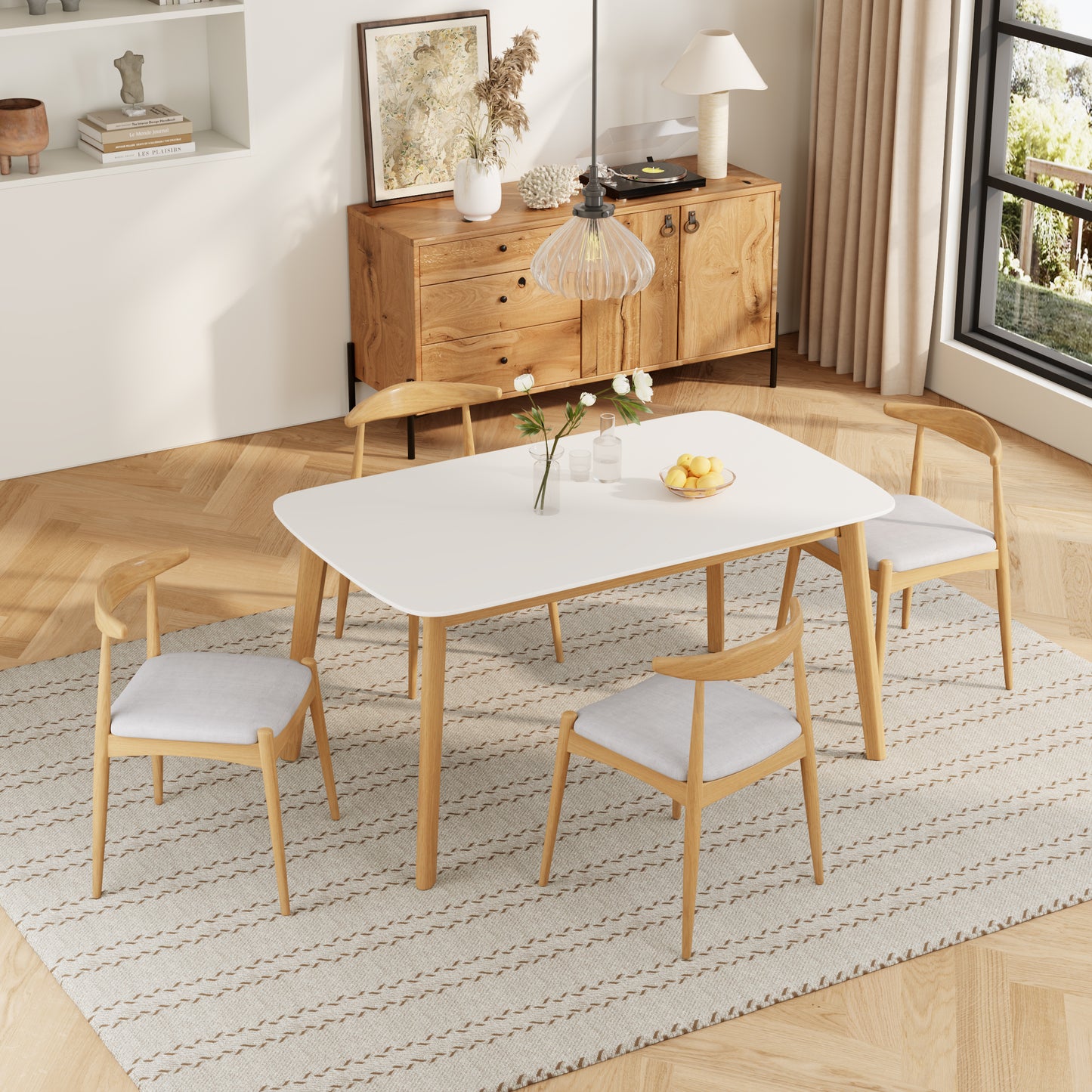 5-Piece Mid-Century Modern Dining Set - Solid Wood Frame Table + 4 Beige Upholstered Chairs, White Oak+Beige (same sku: N759S296907K)