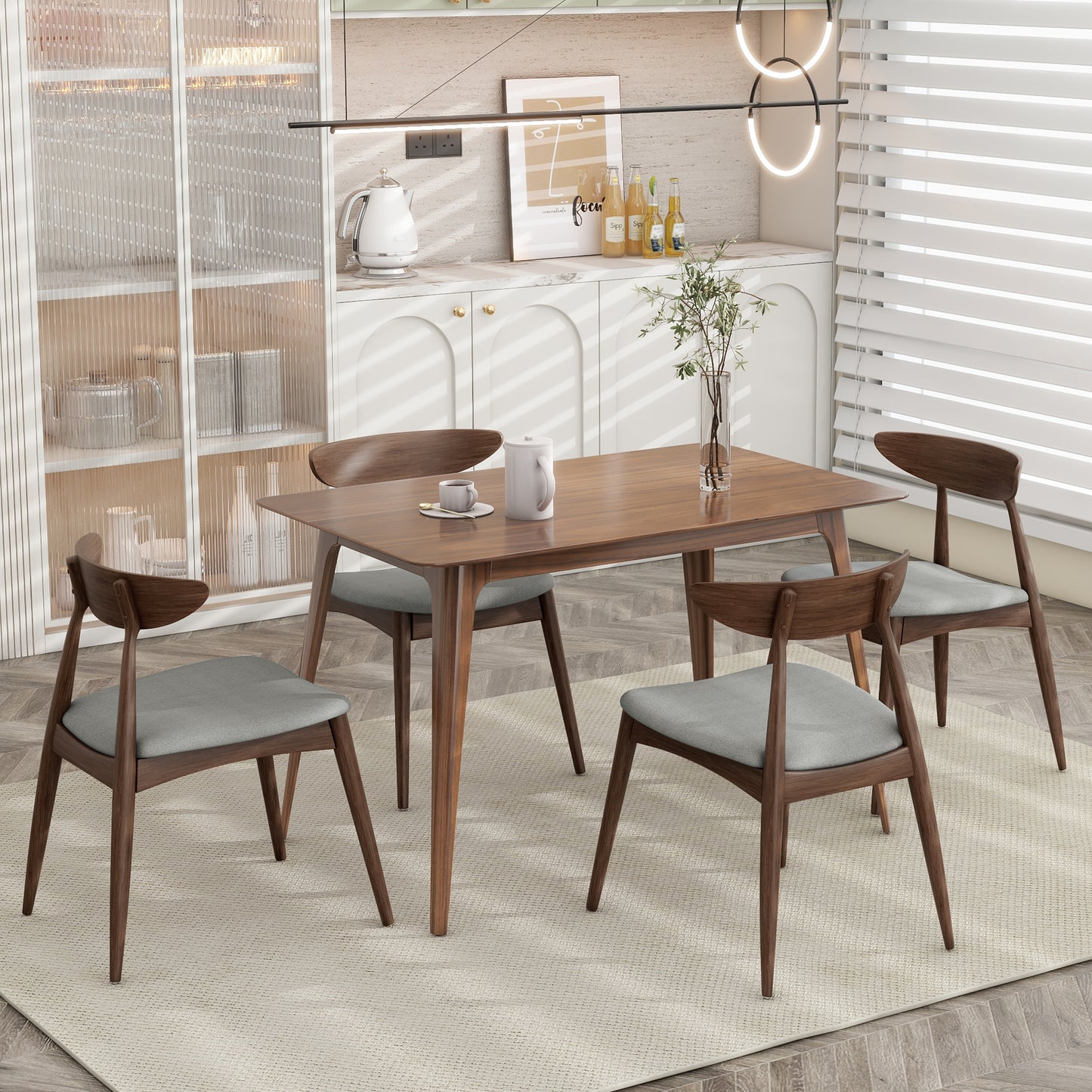 5-Piece Dining Table Set, 1 Table 4 Chairs, Rubberwood Frame, Ergonomic Backrest, Soft Cushioned Chairs, Walnut + Light Gray (same sku: N759S003001D)