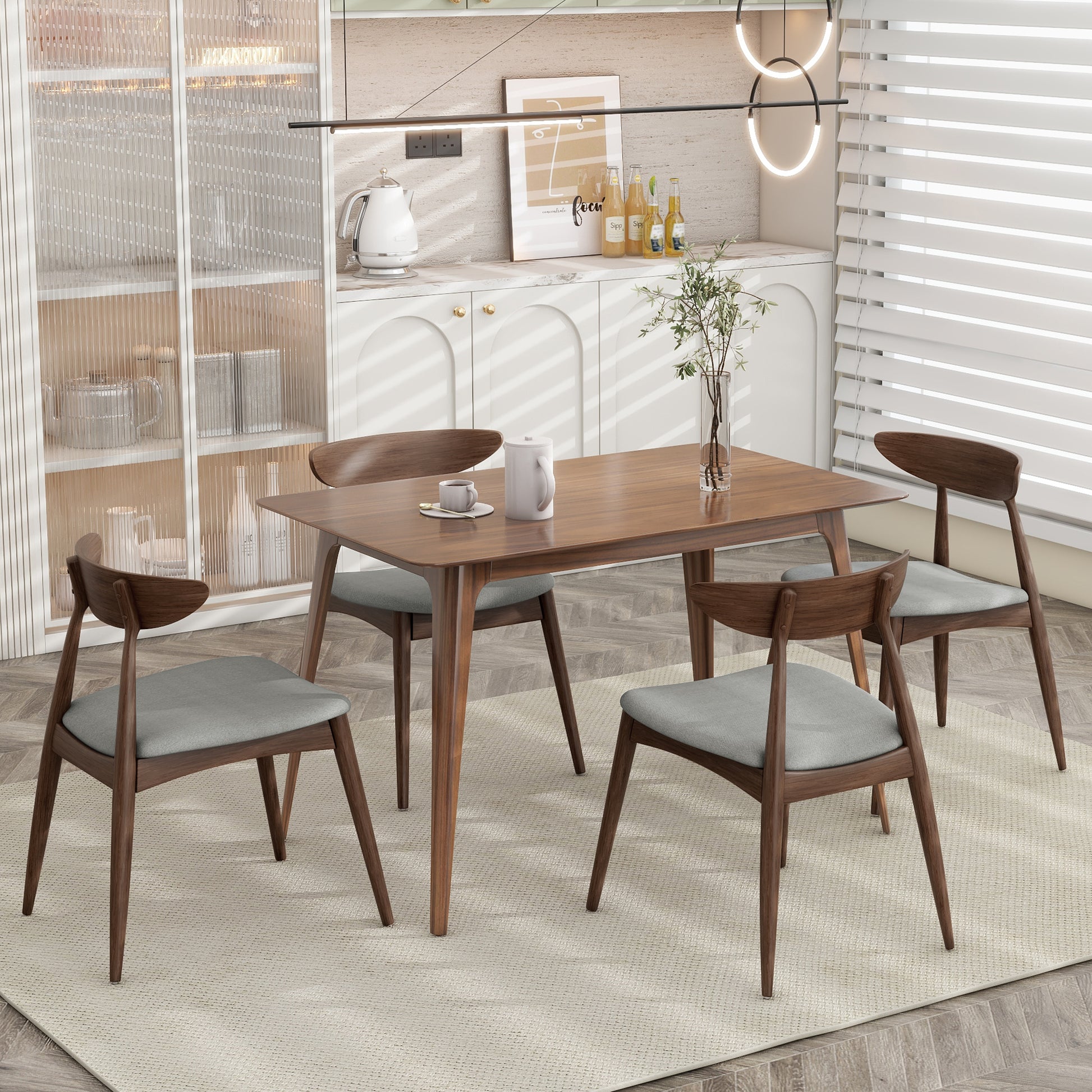 5-Piece Dining Table Set, 1 Table 4 Chairs, Rubberwood Frame, Ergonomic Backrest, Soft Cushioned Chairs, Walnut + Light Gray (same sku: N759S003001D)