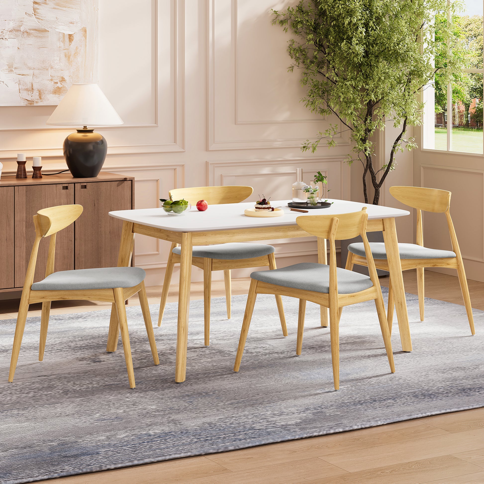 5-Piece Dining Set, 1 Table + 4 Chairs, Rubberwood Frame, Ergonomic Chairs & Faux Wood Table, Beige+Natural+White Oak
