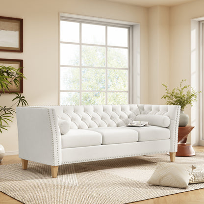 Beige 3-Seat Sofa with Solid Wood Legs & Nailhead Trim