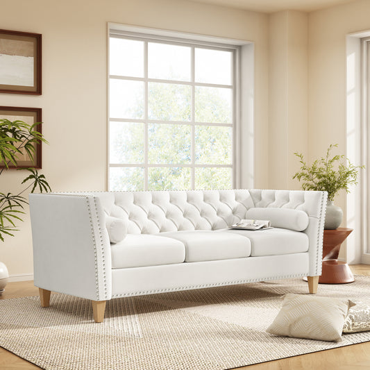 Beige 3-Seat Sofa with Solid Wood Legs & Nailhead Trim