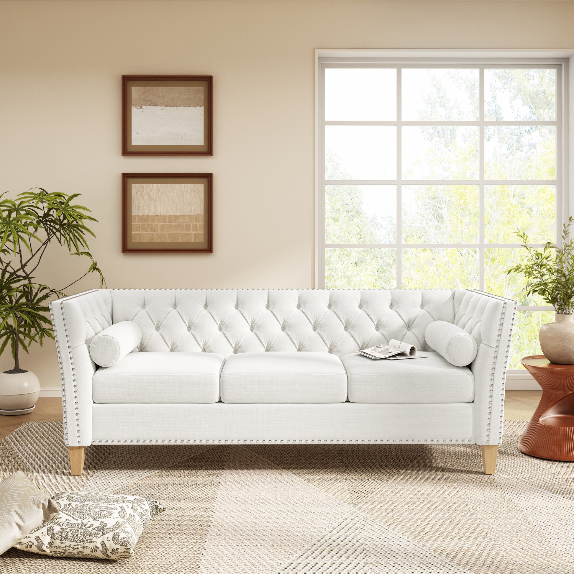 Beige 3-Seat Sofa with Solid Wood Legs & Nailhead Trim