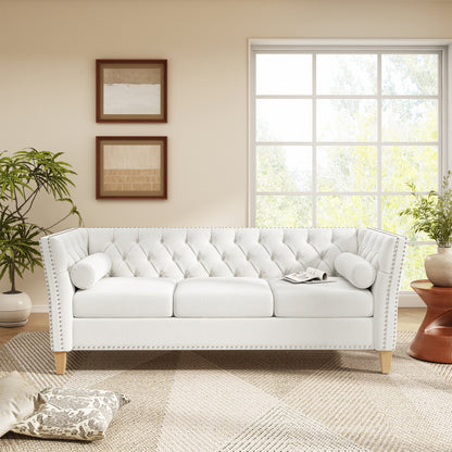 Beige 3-Seat Sofa with Solid Wood Legs & Nailhead Trim