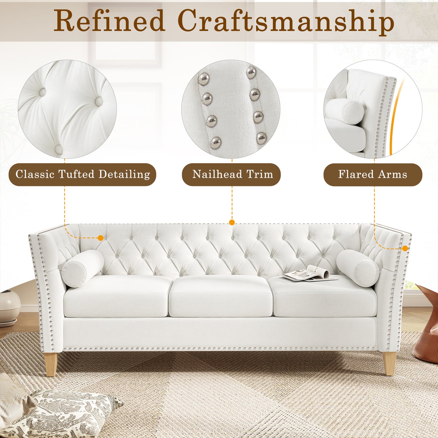 Beige 3-Seat Sofa with Solid Wood Legs & Nailhead Trim