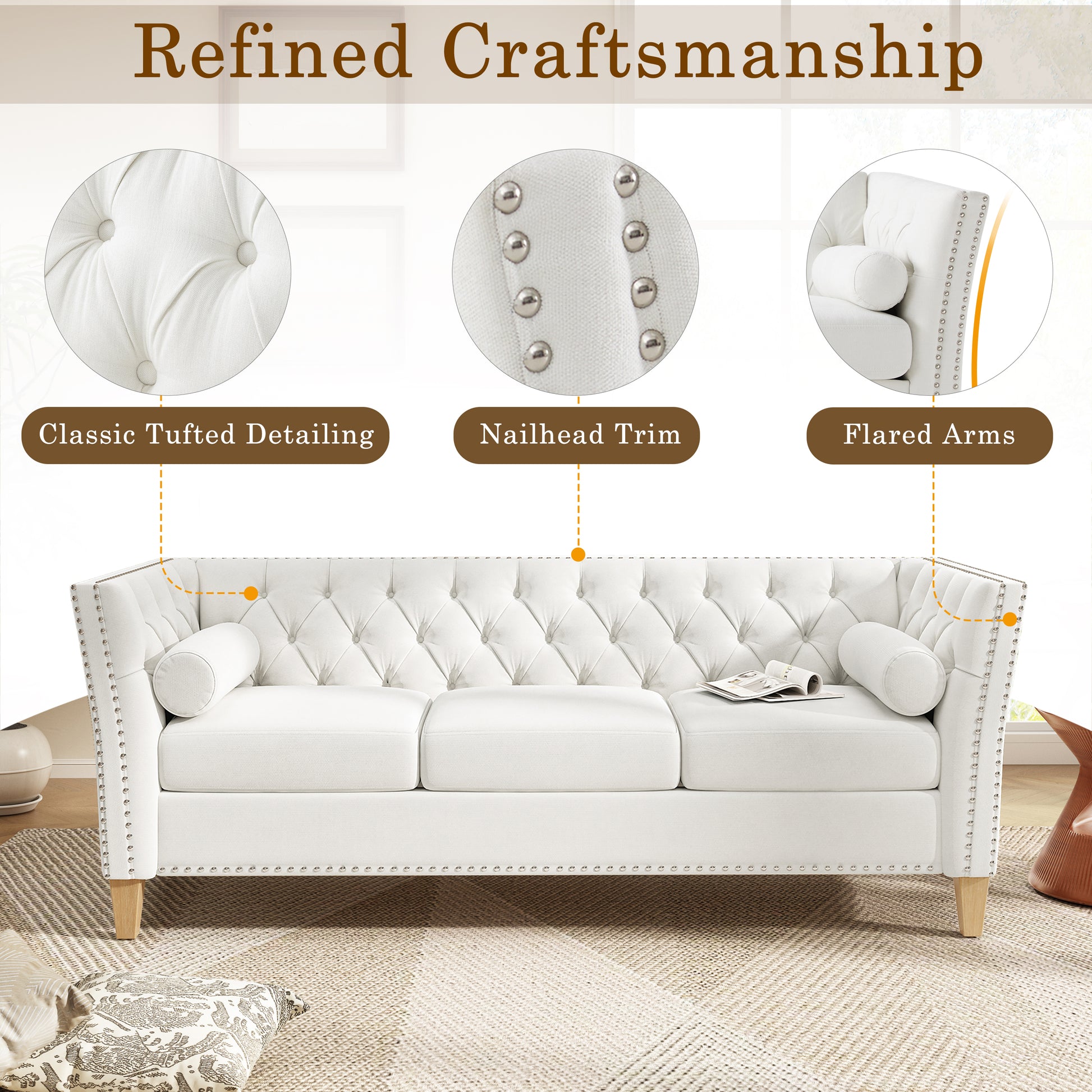 Beige 3-Seat Sofa with Solid Wood Legs & Nailhead Trim