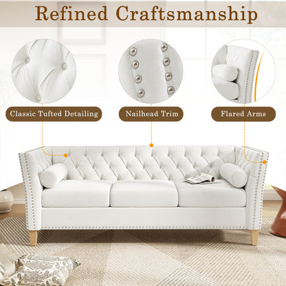 Beige 3-Seat Sofa with Solid Wood Legs & Nailhead Trim