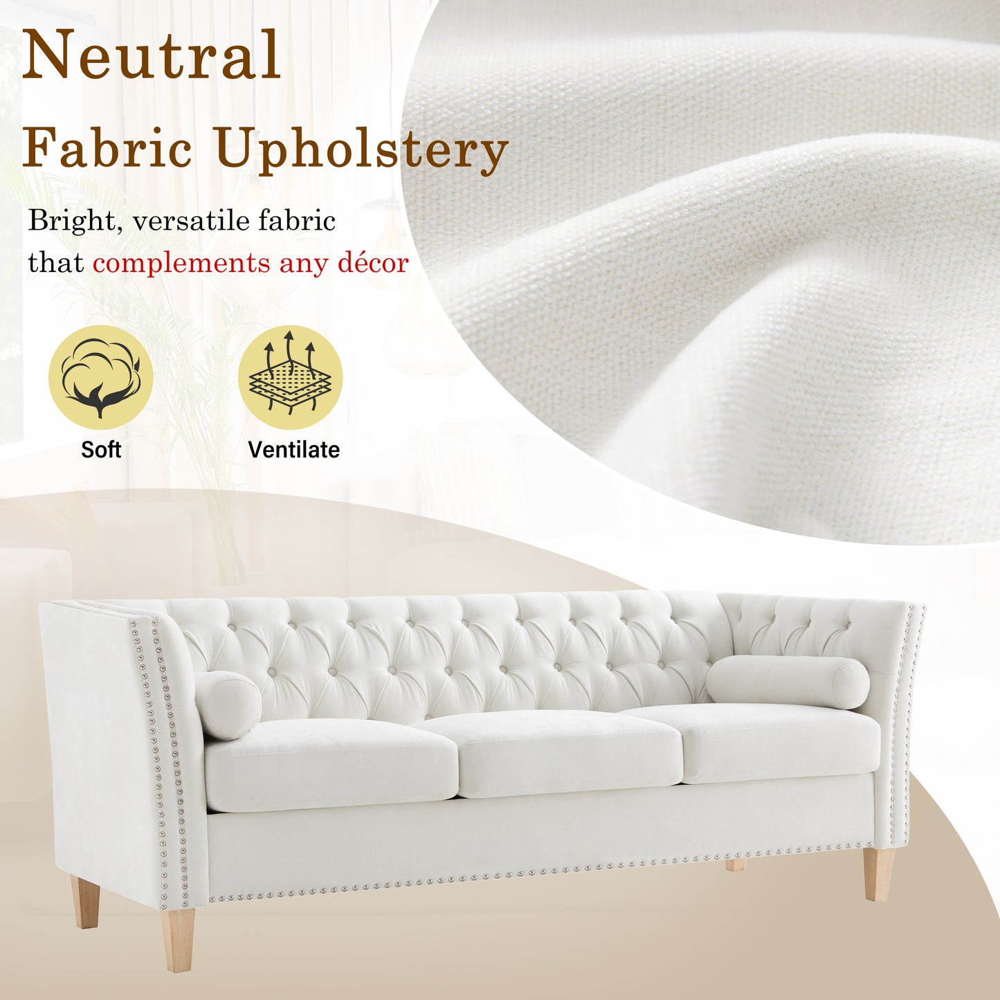 Beige 3-Seat Sofa with Solid Wood Legs & Nailhead Trim