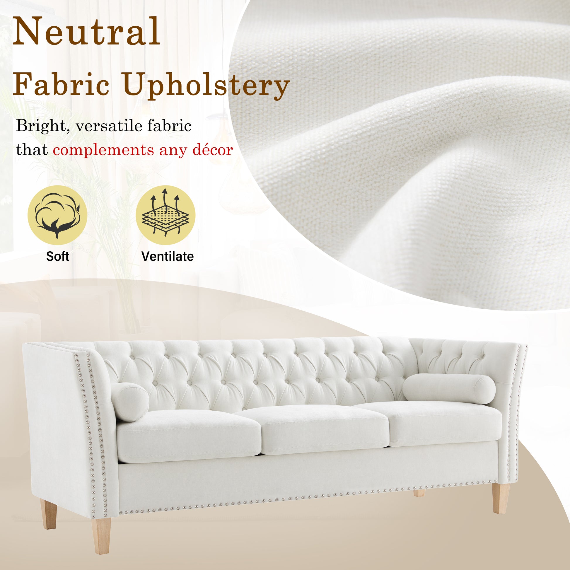 Beige 3-Seat Sofa with Solid Wood Legs & Nailhead Trim