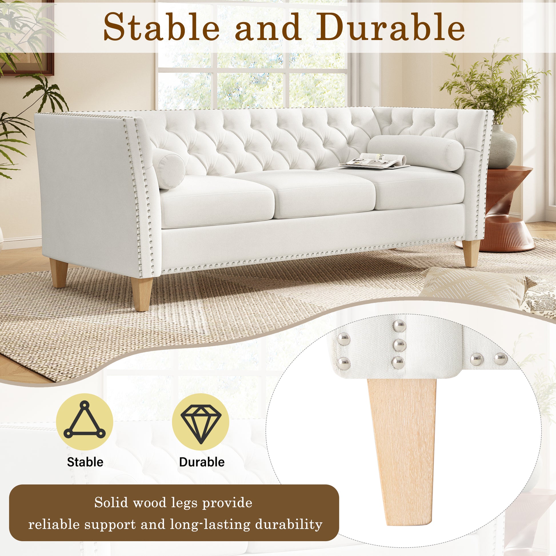 Beige 3-Seat Sofa with Solid Wood Legs & Nailhead Trim