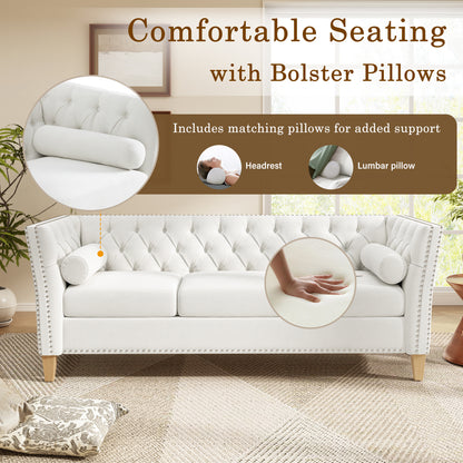 Beige 3-Seat Sofa with Solid Wood Legs & Nailhead Trim