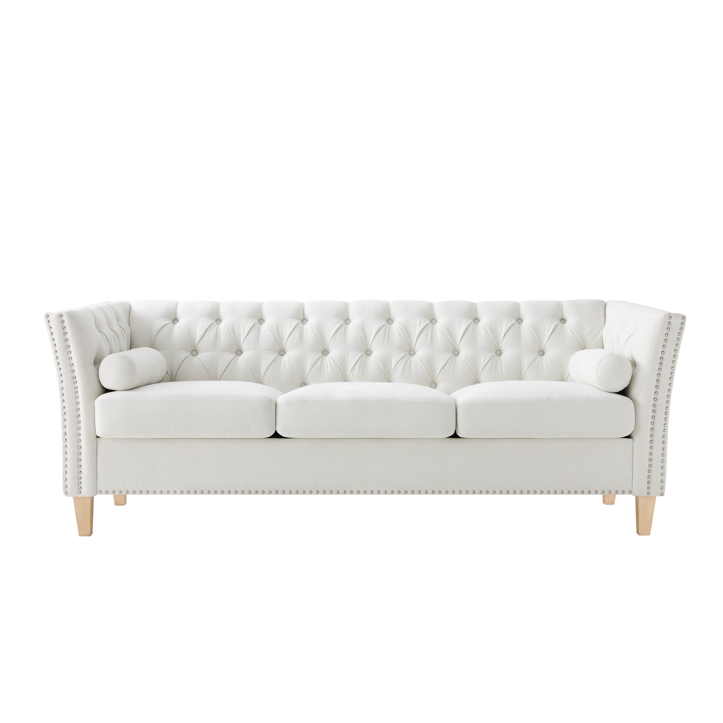 Beige 3-Seat Sofa with Solid Wood Legs & Nailhead Trim