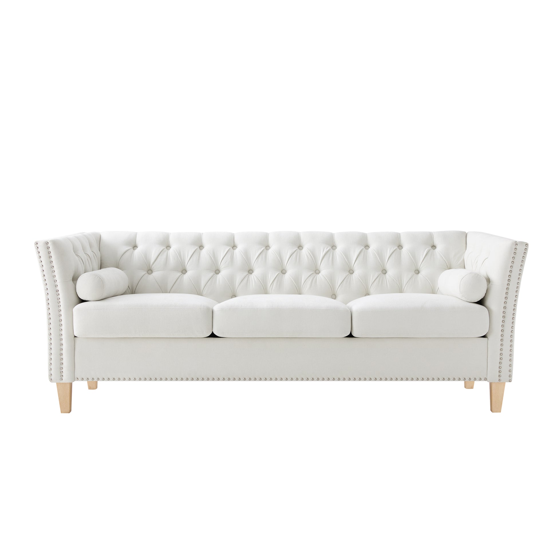 Beige 3-Seat Sofa with Solid Wood Legs & Nailhead Trim