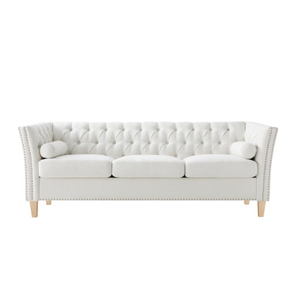 Beige 3-Seat Sofa with Solid Wood Legs & Nailhead Trim