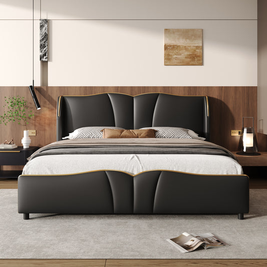 Queen Size Leather Upholstered Bed Frame, Modern Bed Frame with Wingback Head board, Upholstered Platform Bed with Wavy Footboard, No Spring Box Needed, Black