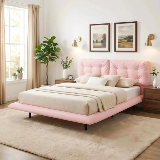 Queen Size Upholstered Floating Bed Frame with LED Lights, Pu Leather Platform Bed with Button-Tufted Headboard, Easy Assembly, No Box Spring Needed, Pink