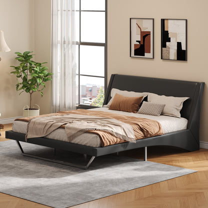 King Size Upholstered Bed Frame, Pu Leather Platform Bed with Wave-Like Curve Design and Trapezoidal-Shaped Leg, No Box Spring Needed, Black