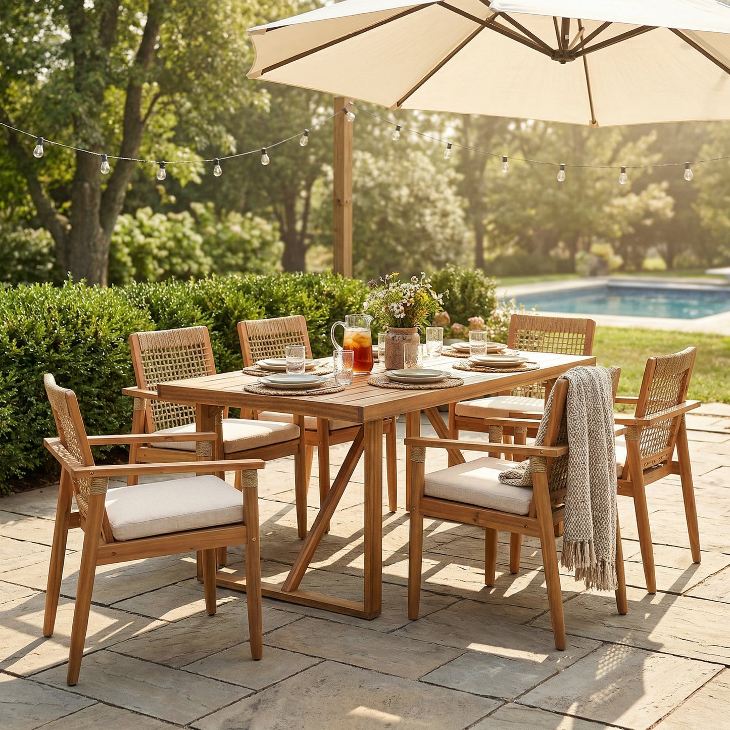 7 Pieces Acacia Wood Outdoor Dining Set with Cushions,Modern 6 Chairs with Handwoven Cord and 1 Large Table, Dining Furniture Set for Lawn, Backyard, Garden Deck,Poolside,Teak