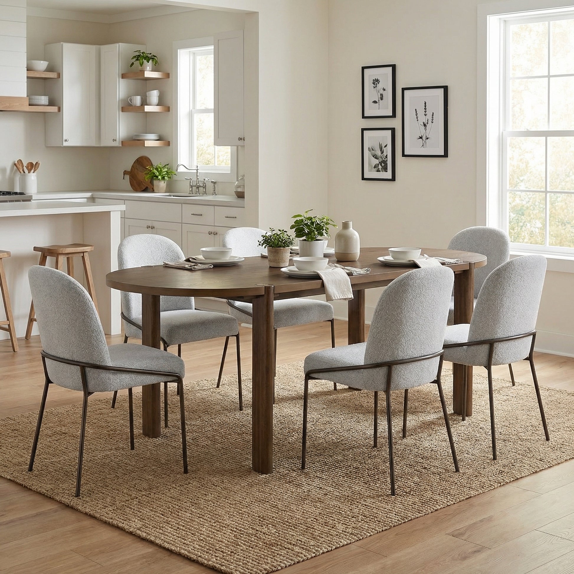 7 Pieces Modern Oval Dining Set, Rustic Farmhouse Solid Wood  Kitchen Table Set for 6, 71'' Large Luxury Retro Country Dinner Set with Light Gray Chairs, for Dining Room, Kitchen, Home Office, Walnut
