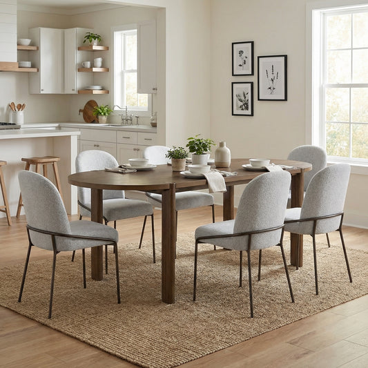 7 Pieces Modern Oval Dining Set, Rustic Farmhouse Solid Wood  Kitchen Table Set for 6, 71'' Large Luxury Retro Country Dinner Set with Light Gray Chairs, for Dining Room, Kitchen, Home Office, Walnut