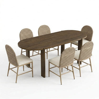 6-Person Walnut Oval Dining Table Set with Iron Chairs